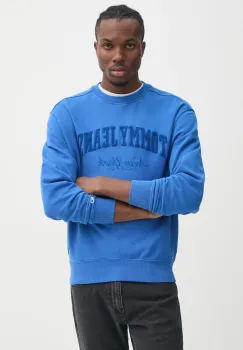 Tommy Jeans hanorac de bumbac barbati, culoarea turcoaz, cu imprimeu, DM0DM20262 imagine