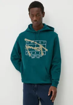 Tommy Jeans hanorac de bumbac barbati, culoarea verde, cu gluga, cu imprimeu, DM0DM20593 imagine
