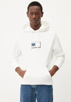 Tommy Jeans hanorac de bumbac culoarea alb, cu gluga, cu imprimeu, DM0DM21623 imagine