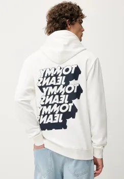 Tommy Jeans hanorac de bumbac culoarea alb, cu gluga, cu imprimeu, DM0DM21625 imagine