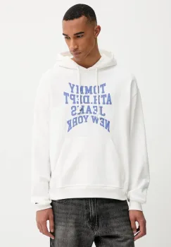 Tommy Jeans hanorac de bumbac culoarea alb, cu gluga, cu imprimeu, DM0DM22082 imagine