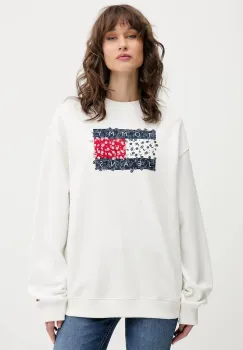 Tommy Jeans hanorac de bumbac culoarea alb, cu imprimeu, DW0DW20933 imagine