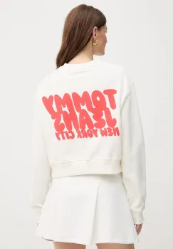 Tommy Jeans hanorac de bumbac culoarea alb, cu imprimeu, DW0DW21345 imagine