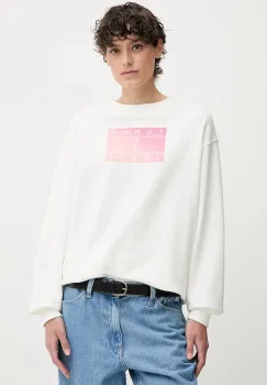 Tommy Jeans hanorac de bumbac culoarea alb, cu imprimeu, DW0DW21396 imagine
