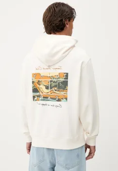 Tommy Jeans hanorac de bumbac culoarea bej, cu gluga, cu imprimeu, DM0DM21373 imagine