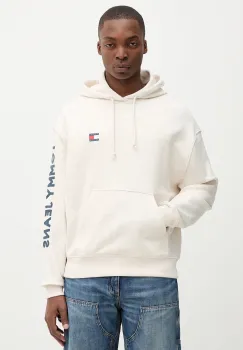 Tommy Jeans hanorac de bumbac culoarea bej, cu gluga, cu imprimeu, DM0DM21834 imagine