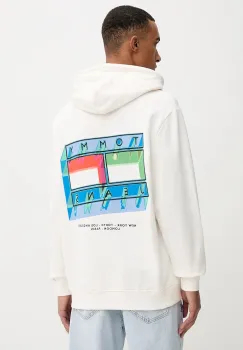 Tommy Jeans hanorac de bumbac culoarea bej, cu gluga, cu imprimeu, DM0DM22077 imagine