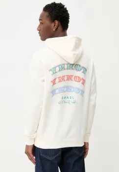 Tommy Jeans hanorac de bumbac culoarea bej, cu gluga, cu imprimeu, DM0DM22365 imagine