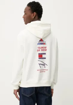 Tommy Jeans hanorac de bumbac culoarea bej, cu gluga, cu imprimeu, DM0DM22379 imagine