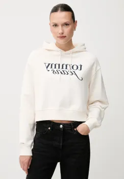 Tommy Jeans hanorac de bumbac culoarea bej, cu gluga, cu imprimeu, DW0DW20306 imagine