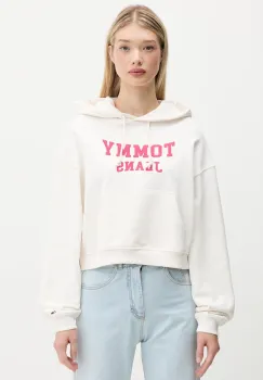 Tommy Jeans hanorac de bumbac culoarea bej, cu gluga, cu imprimeu, DW0DW21598 imagine