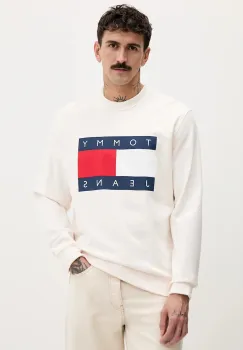 Tommy Jeans hanorac de bumbac culoarea bej, cu imprimeu, DM0DM22643 imagine