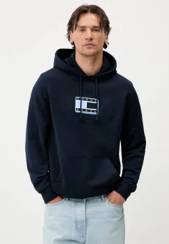 Tommy Jeans hanorac de bumbac culoarea bleumarin, cu gluga, cu imprimeu, DM0DM21623 imagine