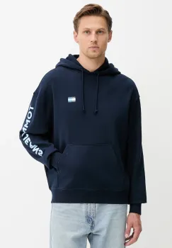 Tommy Jeans hanorac de bumbac culoarea bleumarin, cu gluga, cu imprimeu, DM0DM21834 imagine