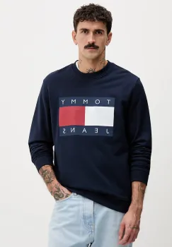 Tommy Jeans hanorac de bumbac culoarea bleumarin, cu imprimeu, DM0DM22643 imagine