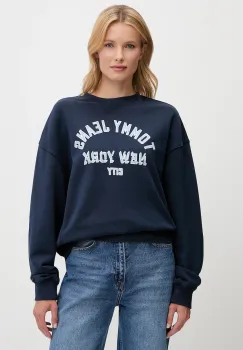 Tommy Jeans hanorac de bumbac culoarea bleumarin, cu imprimeu, DW0DW21202 imagine
