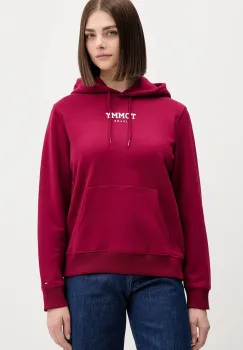 Tommy Jeans hanorac de bumbac culoarea bordo, cu gluga, cu imprimeu, DW0DW21921 imagine