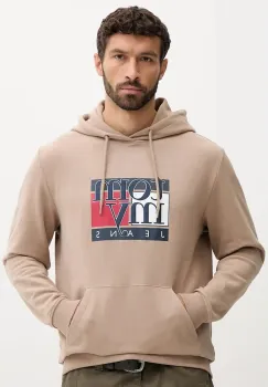 Tommy Jeans hanorac de bumbac culoarea maro, cu gluga, cu imprimeu, DM0DM22092 imagine