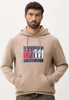 Tommy Jeans hanorac de bumbac culoarea maro, cu gluga, cu imprimeu, DM0DM22092 imagine