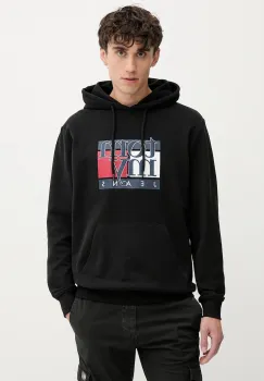 Tommy Jeans hanorac de bumbac culoarea negru, cu gluga, cu imprimeu, DM0DM22092 imagine