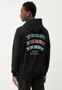 Tommy Jeans hanorac de bumbac culoarea negru, cu gluga, cu imprimeu, DM0DM22365 imagine