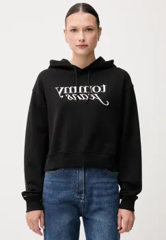 Tommy Jeans hanorac de bumbac culoarea negru, cu gluga, cu imprimeu, DW0DW20306 imagine