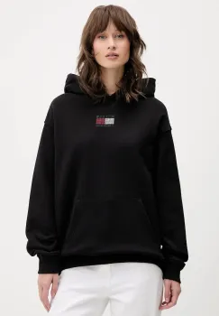 Tommy Jeans hanorac de bumbac culoarea negru, cu gluga, cu imprimeu, DW0DW21605 imagine