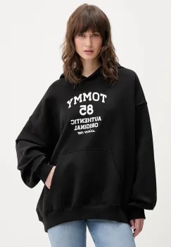 Tommy Jeans hanorac de bumbac culoarea negru, cu gluga, cu imprimeu, DW0DW22603 imagine