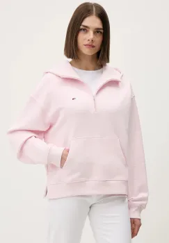 Tommy Jeans hanorac de bumbac culoarea roz, cu gluga, uni, DW0DW21924 imagine