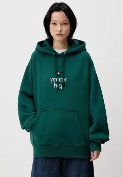 Tommy Jeans hanorac de bumbac culoarea verde, cu gluga, cu imprimeu, DN0DN00099 imagine