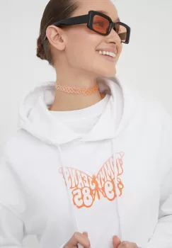 Tommy Jeans hanorac de bumbac femei, culoarea alb, cu gluga, cu imprimeu imagine