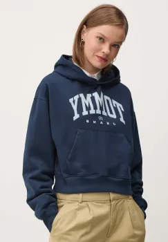 Tommy Jeans hanorac de bumbac femei, culoarea albastru marin, cu gluga, cu imprimeu, DW0DW19291 imagine