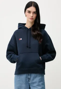 Tommy Jeans hanorac de bumbac femei, culoarea albastru marin, cu gluga, cu imprimeu, DW0DW19414 imagine