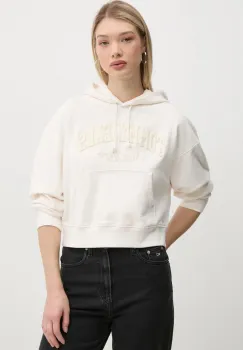Tommy Jeans hanorac de bumbac femei, culoarea bej, cu gluga, cu imprimeu, DW0DW19413 imagine