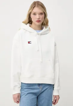 Tommy Jeans hanorac de bumbac femei, culoarea bej, cu gluga, cu imprimeu, DW0DW19414 imagine