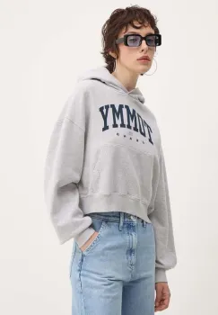 Tommy Jeans hanorac de bumbac femei, culoarea gri, cu gluga, cu imprimeu, DW0DW19291 imagine