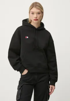 Tommy Jeans hanorac de bumbac femei, culoarea negru, cu gluga, cu imprimeu, DW0DW19414 imagine