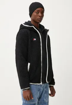 Tommy Jeans hanorac fleece culoarea negru, cu gluga, cu imprimeu, DM0DM19224 imagine