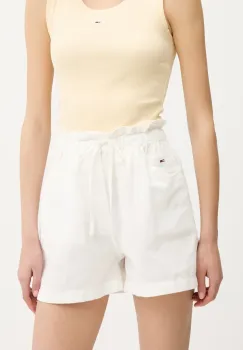 Tommy Jeans pantaloni scurti din amestec de in femei, culoarea alb, cu imprimeu, high waist, DW0DW20360 imagine