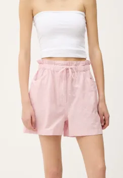 Tommy Jeans pantaloni scurti din amestec de in femei, culoarea roz, cu imprimeu, high waist, DW0DW20360 imagine
