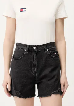 Tommy Jeans pantaloni scurti jeans culoarea negru, uni, high waist, DW0DW21381 imagine