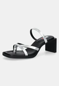 Tommy Jeans papuci de piele THE SOHO SANDAL METALLIC femei, culoarea argintiu, cu toc drept, EN0EN02801 imagine