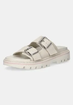 Tommy Jeans papuci din piele DOUBLE STRAP SANDAL SUEDE femei, culoarea bej, cu platforma, EN0EN02797 imagine