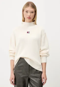 Tommy Jeans pulover de bumbac culoarea bej, cu turtleneck, DW0DW21676 imagine