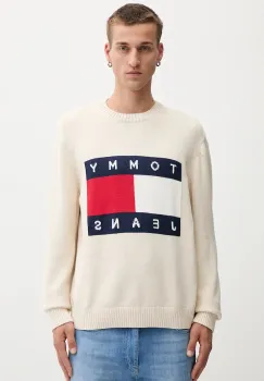 Tommy Jeans pulover de bumbac culoarea bej, light, DM0DM22105 imagine