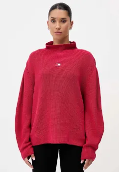 Tommy Jeans pulover de bumbac culoarea bordo, cu turtleneck, DW0DW21676 imagine