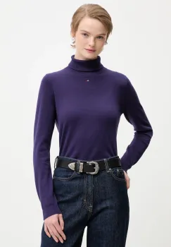 Tommy Jeans pulover de bumbac culoarea violet, light, cu guler, DW0DW21672 imagine