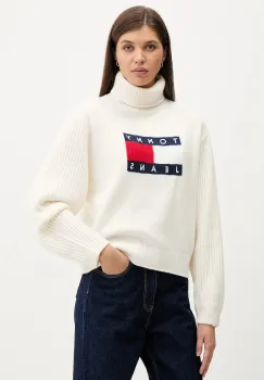 Tommy Jeans pulover din amestec de lana culoarea bej, cu guler, DW0DW22108 imagine