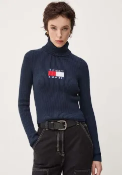 Tommy Jeans pulover din amestec de lana femei, culoarea albastru marin, cu guler, DW0DW18678 imagine