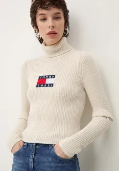 Tommy Jeans pulover din amestec de lana femei, culoarea bej, cu guler, DW0DW18678 imagine